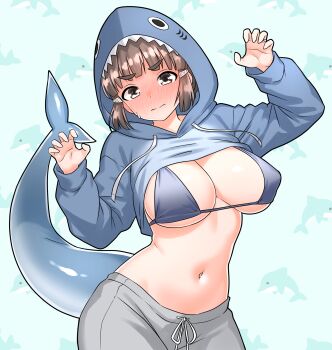 1girl absurdres animal_hood bikini bikini_top_only black_bikini blue_hoodie blunt_bangs blush breasts brown_hair claw_pose cleavage closed_mouth clothes_lift commentary_request covered_erect_nipples fins fish_tail full-face_blush furaggu_(frag_0416) grey_pants hair_ornament hairclip highres hood hood_up hoodie hoodie_lift kantai_collection large_breasts long_sleeves looking_at_viewer myoukou_(kancolle) navel pants shark_hood shark_tail short_hair simple_background solo standing stomach swimsuit tail variant_set white_background