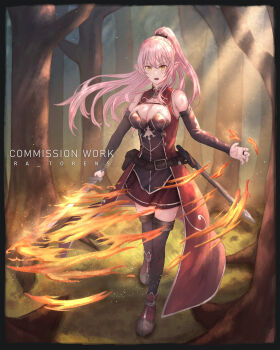 1girl absurdres ariane_glenys_maple armpit_crease artist_name belt belt_pouch black_dress black_thighhighs breasts cleavage commission detached_sleeves dress elf eyebrows_hidden_by_hair fire forest full_body gaikotsu_kishi-sama_tadaima_isekai_e_odekake-chuu hair_between_eyes highres holding holding_sword holding_weapon jewelry large_breasts long_hair looking_at_viewer nature open_mouth pink_hair pointy_ears ponytail pouch pyrokinesis ra_torens red_dress red_footwear ring scabbard sheath solo sword thighhighs tree_shade two-tone_dress unsheathed weapon yellow_eyes