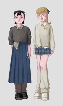 2girls black_hair blonde_hair blue_eyes blunt_bangs bob_cut collared_shirt highres kim_latchkey leg_warmers lips long_skirt long_sleeves looking_at_viewer miniskirt moral_orel multiple_girls nid_log pale_skin parted_lips plaid_clothes plaid_skirt pleated_skirt ponytail red_lips shirt skirt smile stephanie_foamwire-putty sweater tareme wide-eyed