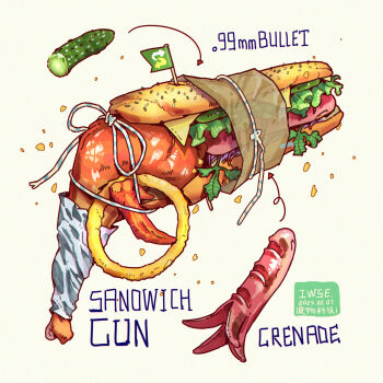 Rule 34 | arrow (symbol), artist name, chicken (food), chicken leg, chromatic aberration, dated, english text, foil, food, food art, food focus, highres, iwse zhang, lettuce, meat, mini flag, no humans, onion rings, original, pickle, sandwich, sausage, signature, simple background, still life, string, submarine sandwich, subway (company), tako-san wiener, weapon focus, white background