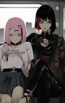 2girls absurdres arm_over_shoulder bad_id bad_twitter_id bag black_choker black_hair black_nails blue_eyes breasts chanel choker cigarette city cleavage cleavage_cutout closed_mouth clothing_cutout crossed_legs earrings eyeshadow fingernails floral_print hair_ornament hairclip heart heart-shaped_pupils heart_choker highres holding holding_cigarette jewelry long_fingernails makeup multicolored_hair multiple_girls nail_polish o-ring original pink_bag pink_hair red_eyes red_eyeshadow red_hair reference_work sharp_fingernails short_hair silhouette single_earring sitting skirt symbol-shaped_pupils train_interior turtleneck very_long_fingernails vinne zipper zipper_pull_tab