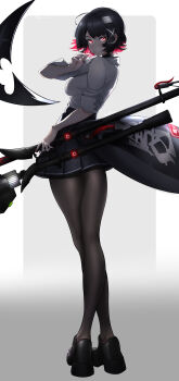 1girl absurdres black_hair black_shoes blue_skirt breasts brown_pantyhose candy colored_inner_hair commentary dated ellen_joe ellen_joe_(on_campus) fins fish_tail food from_behind full_body glowing glowing_eyes gradient_background grey_background highres holding holding_candy holding_food holding_lollipop holding_weapon lollipop lollipop_in_mouth looking_at_viewer looking_back medium_breasts mole mole_under_eye multicolored_hair official_alternate_costume pantyhose razor_blade_hair_ornament red_eyes red_nails shark_girl shark_tail shirt shoes short_hair skirt sleeves_rolled_up solo symbol-only_commentary tail weapon white_background white_shirt xm_(rvgj8487) zenless_zone_zero