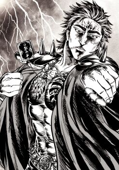 Rule 34 | 1boy, abs, absurdres, armor, belt, bow, cape, chest tattoo, chiba you, collar, flower tattoo, greyscale, hara tetsuo (style), highres, hokuto no ken, inomoto natsuki, lightning, lightning background, looking at viewer, male focus, monochrome, muscular, muscular male, official art, open clothes, parody, pauldrons, removing jacket, scar, scar on face, shoulder armor, solo, spiked belt, spiked collar, spiked pauldrons, spikes, stitched face, stitches, storm cloud, style parody, tattoo, youchien wars