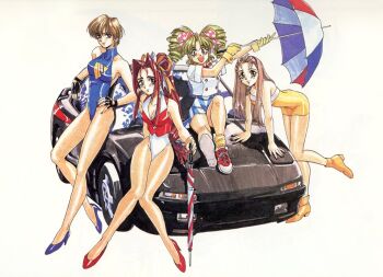 1990s_(style) 4girls bent_over black_gloves blue_leotard blue_shoes brown_hair car drill_hair fingerless_gloves gloves green_hair hair_ribbon high_heels high_ponytail holding holding_umbrella leaning_on_object leotard long_hair looking_at_viewer motor_vehicle multicolored_umbrella multiple_girls nishikawa_maki official_alternate_costume on_car open_mouth ponytail race_queen red_hair red_shoes retro_artstyle ribbon shimura_mami shoes short_hair simple_background sitting smile sneakers sotsugyou_crossworld twin_drills umbrella white_background yasuda_maina yellow_gloves yellow_shoes yokoyama_megumi