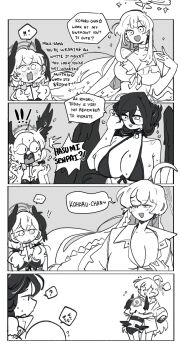 4girls 4koma absurdres bikini blue_archive breast_conscious comic english_text hanako_(blue_archive) hanako_(swimsuit)_(blue_archive) hasumi_(blue_archive) hasumi_(swimsuit)_(blue_archive) head_wings highres kinzaibatsu91 koharu_(blue_archive) mika_(blue_archive) mika_(swimsuit)_(blue_archive) monochrome multiple_girls swimsuit wings