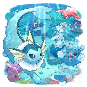 :3 air_bubble animal_focus bad_tag blue_eyes blue_fur blue_hair blue_sclera brionne bubble cetacean_tail closed_eyes colored_sclera commentary_request coral evolutionary_line fins fish fish_tail gen_1_pokemon gen_3_pokemon gen_7_pokemon hair_ornament head_fins long_hair luvdisc nintendo no_humans one_eye_closed open_mouth pearl_hair_ornament pokemon pokemon_(creature) pokemon_focus popplio primarina sea_lion smile starfish_hair_ornament swimming tail tatsugiri tatsugiri_(droopy) underwater vaporeon wataame4907 water