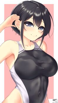 1girl arisu_(alice1019sm) black_hair black_one-piece_swimsuit breasts commentary_request competition_school_swimsuit covered_navel grey_eyes highleg highleg_one-piece_swimsuit highres large_breasts looking_at_viewer one-piece_swimsuit original school_swimsuit short_hair solo swimsuit tomboy two-tone_swimsuit
