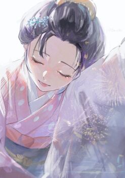 1boy 1girl commentary_request from_behind hair_ornament hakuji_(kimetsu_no_yaiba) head_on_another's_shoulder hiba_riko highres japanese_clothes kimetsu_no_yaiba kimono koyuki_(kimetsu_no_yaiba) lower_teeth_only obi open_mouth pink_kimono polka_dot polka_dot_kimono sash short_hair smile solo_focus teeth tongue upper_body white_background