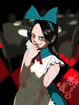 1girl absurdres apron black_hair blue_dress blue_eyes blue_ribbon bow bowtie chair covering_mouth covering_own_mouth dishes dress evil_grin evil_smile fine_art_parody grin hair_ribbon hand_over_own_mouth highres long_hair looking_at_viewer nihonga original parody parted_bangs red_bow red_bowtie ribbon sei5osuzuki signature sleeveless sleeveless_dress smile table upper_body white_apron