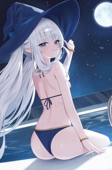 1girl ass bikini blue_bikini blue_eyes blue_hat bracelet breasts commentary commission dungeon_and_fighter from_behind full_moon hand_on_headwear hat highres jewelry long_hair looking_at_viewer looking_back moon n4_h4m night night_sky original parted_lips pointy_ears sitting sky solo star_(sky) starry_sky swimsuit very_long_hair white_hair witch_hat