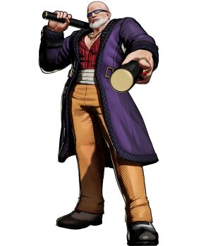 1boy artist_request bald beard black-framed_eyewear black_shoes chain coat escrima_stick facial_hair fatal_fury fatal_fury:_city_of_the_wolves holding holding_stick long_sleeves looking_at_viewer male_focus mr_big_(snk) mustache official_art ryuuko_no_ken shoes simple_background snk solo stick sunglasses white_background