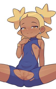 1girl aika_(kiana_mai) blonde_hair bracelet cleft_of_venus closed_mouth cowboy_shot dark-skinned_female dark_skin earrings fang female_focus flat_chest highres i_don't_want_to_be_a_magical_girl jewelry large_areolae loli nipples pussy short_hair simple_background sitting smile solo spread_legs star-shaped_pupils star_(symbol) symbol-shaped_pupils thighs torn_clothes uncensored white_background yellow_eyes yep_melon