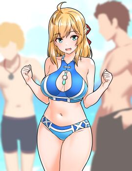 1girl 2boys absurdres bikini black_male_swimwear blonde_hair blue_bikini blurry blurry_background bow breasts brown_hair character_request collarbone fiora_(xenoblade) furaggu_(frag_0416) green_eyes hair_bow hands_up highres long_hair looking_at_viewer male_swimwear multiple_boys navel red_bow short_hair smile solo_focus standing stomach swim_trunks swimsuit thighs topless_male variant_set xenoblade_chronicles_(series) xenoblade_chronicles_1