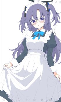 1girl alternate_costume apron art_program_in_frame bespectacled black_dress black_halo blue_archive blue_bow blue_bowtie blush bow bowtie closed_mouth collared_dress commentary dress enmaided eyelashes feet_out_of_frame frilled_apron frills glasses hair_between_eyes hair_ornament halo highres ibispaint_(medium) juliet_sleeves long_hair long_sleeves looking_at_viewer maid maid_apron maid_headdress mechanical_halo puffy_sleeves purple_eyes purple_hair red_pupils round_eyewear sidelocks simple_background skirt_hold smile solo standing triangle_hair_ornament two_side_up very_long_hair wa_sumi white_apron white_background yuuka_(blue_archive)