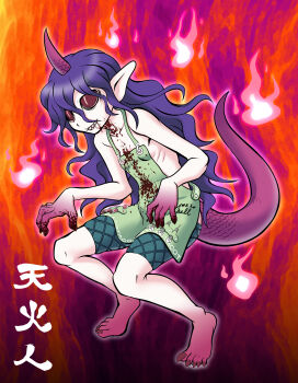 1girl absurdres apron ayana_mizuki bags_under_eyes barefoot blood blood_on_clothes blood_on_hands breasts character_name colored_sclera commentary_request fingernails fire full_body green_apron green_shorts grin highres hitodama horns lizard_tail long_hair looking_afar orange_background pointy_ears purple_hair purple_horns red_sclera sharp_teeth shorts single_horn slit_pupils small_breasts smile solo squatting syringe tail teeth tenkajin_chiyari toenails touhou wavy_hair