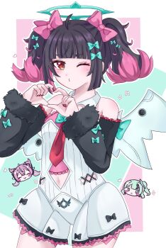 Rule 34 | 3girls, angels of delusion, aqua streaks, aria (human) (zenless zone zero), aria (zenless zone zero), bare shoulders, black hair, blush, border, bow, colored inner hair, commentary, dress, four-finger heart hands, green background, green bow, green eyes, green hair, hair bow, hair ornament, halo, heart, heart hands, highres, kiss, looking at viewer, multicolored hair, multiple girls, multiple hair clips, nangong yu, necktie, one eye closed, pink background, pink hair, red nails, red necktie, smile, streaked hair, sunna (zenless zone zero), tb5dw3, twintails, untranslatable commentary, white border, white wings, wings, zenless zone zero