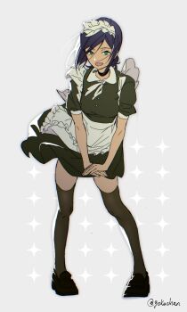 Rule 34 | apron, black choker, black dress, black shoes, black thighhighs, breasts, chainsaw man, choker, collared dress, comiket 107, commentary request, dress, full body, goku-chan, green eyes, grenade pin, grey background, hair between eyes, hair bun, highres, loafers, maid, maid headdress, medium breasts, medium hair, open mouth, own hands together, puffy short sleeves, puffy sleeves, purple hair, reze (chainsaw man), shoes, short dress, short sleeves, smile, sparkle, thighhighs, twitter username, updo, waist apron, white apron, zettai ryouiki