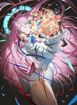 1girl absurdres black_background blue_eyes bug butterfly doll flower highres holding insect leotard looking_at_another original pink_flower pink_hair pink_rose rabbit rose ryugisa solo standing white_leotard