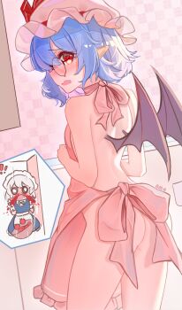 2091966 2girls absurdres alternate_costume apple apron artist_name ass bat_wings bespectacled blood blue_hair blush bow breasts embarrassed fang food from_behind fruit glasses green_bow grey_hair hat highres izayoi_sakuya loli long_hair maid_headdress medium_hair mob_cap multiple_girls naked_apron no_panties nosebleed pink_apron pink_hat pointy_ears red_eyes remilia_scarlet round_eyewear skin_fang small_breasts teardrop-framed_glasses touhou waist_apron wings yuri