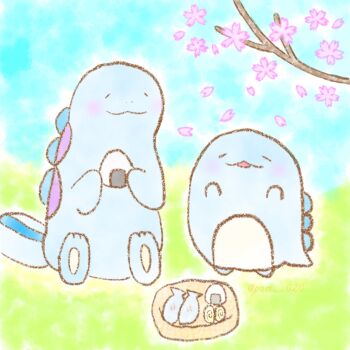 blue_sky cherry_blossoms gen_2_pokemon nintendo pokemon quagsire sky sumikko_gurashi tokage_(sumikko_gurashi)