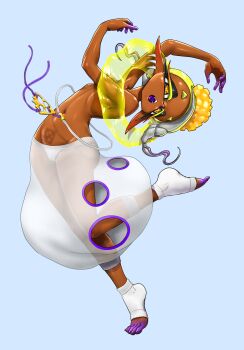 1girl arched_back belt bikini blonde_hair blue_background blush breasts cameltoe charm_(object) clothing_cutout colored_eyelashes colored_tongue cross-shaped_pupils dancing dark-skinned_female dark_skin ear_blush earrings fangs frye_(splatoon) full_body gradient_hair groin hair_ornament harem_pants highres inkling jewelry koharu2.5 long_hair looking_at_viewer lowleg lowleg_bikini medium_breasts multicolored_hair multiple_earrings navel nintendo nose_blush open_mouth pants pointy_ears pointy_nose polka_dot polka_dot_hair pom_pom_(clothes) pom_pom_hair_ornament purple_hair purple_mouth purple_tongue see-through_clothes see-through_pants see-through_shawl shawl simple_background splatoon_(series) swimsuit symbol-shaped_pupils tentacle_hair toeless_socks twintails white_bikini wide_hips yellow_eyes yellow_pupils