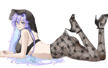 1girl bare_shoulders black_bra black_pantyhose black_shoes black_veil blue_eyes blue_hair bra breasts cantarella_(wuthering_waves) colored_inner_hair commentary earrings facial_mark hair_between_eyes high-waist_pantyhose high_heels highres hooked_on_heel jewelry lace_pantyhose_hooked_on_heel_(meme) large_breasts long_hair looking_at_viewer looking_to_the_side lying mark_under_eye meme multicolored_hair nail_polish no_panties on_stomach pantyhose parted_lips psym_2cha purple_hair purple_nails shoes smile solo strappy_heels symbol-only_commentary the_pose underwear veil very_long_hair wuthering_waves