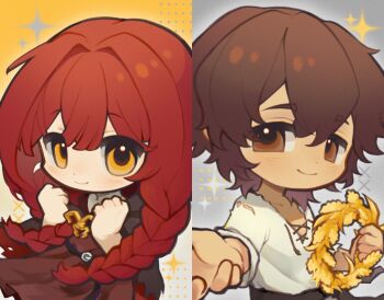 1boy 1girl braid brown_eyes brown_hair fata_morgana_no_yakata grey_background holding holding_wreath jacopo_bearzatti light_blush looking_at_viewer morgana_(fata_morgana_no_yakata) outstretched_hand red_hair shirt smile split_screen twin_braids white_shirt yellow_background yellow_eyes yuer6350