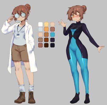 alternate_costume brown_eyes brown_hair commentary commission commissioner_upload diving_suit english_commentary glasses hair_bun highres id_card lab_coat morgan_(teuthidan) original reference_sheet short_hair shorts single_hair_bun twibli1