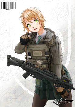1girl 5.56x45mm_nato absurdres ammunition angled_foregrip artist_name assault_rifle barcode black_gloves black_pantyhose black_skirt blonde_hair brown_gloves brown_jacket brown_pantyhose bullet bulletproof_vest carbine_cartridge chinese_commentary collar compass diagonal-striped_clothes diagonal-striped_necktie dmr_cartridge earpiece eotech flashlight folding_stock gloves grey_necktie gun gun_sling h&amp;k_g36k hair_ornament hand_on_own_thigh hand_up heckler_&amp;_koch highres hood hood_down hooded_jacket hoodie intermediate_cartridge jacket khaid_shiden laser_sight lmg_cartridge long_sleeves magazine_(weapon) necktie open_mouth optical_sight original pantyhose plaid_clothes plaid_skirt pleated_skirt rifle rifle_cartridge shirt short_hair signature simple_background skirt smile solo striped_clothes tactical_clothes transparent trigger_discipline two-tone_gloves walkie-talkie watermark weapon white_collar white_shirt wire yellow_eyes zipper_pull_tab