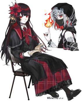 2girls absurdres armband black_hair black_shirt black_shoes black_skirt book chair closed_mouth colored_inner_hair covered_mouth fire flower full_body grey_hair hair_flower hair_ornament highres holding holding_book index_fingers_together layered_skirt loafers long_hair long_skirt long_sleeves looking_at_viewer mahou_shoujo_no_majo_saiban mask mouth_mask multicolored_hair multiple_girls necktie nikaido_hiro open_book pyrokinesis reading red_armband red_eyes red_flower red_necktie red_sailor_collar red_skirt rryy sailor_collar shirt shito_alisa shoes short_hair simple_background sitting skirt smile upper_body white_background x_hair_ornament