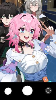 1boy 2girls absurdres amiris_(amiris76455574) black_hair breasts clothes_around_waist commentary_request dan_heng_(honkai:_star_rail) dan_heng_(hunt)_(honkai:_star_rail) fake_phone_screenshot fake_screenshot green_eyes highres honkai:_star_rail honkai_(series) korean_commentary large_breasts march_7th_(honkai:_star_rail) march_7th_(preservation)_(honkai:_star_rail) medium_hair multicolored_eyes multiple_girls open_mouth pink_hair selfie shirt short_hair smile stelle_(honkai:_star_rail) sweater sweater_around_waist trailblazer_(honkai:_star_rail) two-tone_eyes w white_shirt