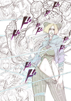 3girls 4boys absurdres blonde_hair braid breasts diver_down_(stand) double_bun emporio_alnino ermes_costello foo_fighters_(jojo) hair_bun highres jojo_no_kimyou_na_bouken jun_wu_mo kiss_(stand) kuujou_jolyne kuujou_joutarou large_breasts long_hair midriff multicolored_hair multiple_boys multiple_girls narciso_anasui navel solo_focus spider_web_print stand_(jojo) star_platinum stone_free stone_ocean tattoo thighs two-tone_hair weather_report