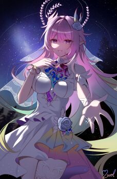 1girl 2wol0207_february absurdres aqua_hair artist_name breasts bridal_veil commentary cyrene_(honkai:_star_rail) cyrene_(ripples_of_past_reverie)_(honkai:_star_rail) dress flower gradient_hair hair_flower hair_ornament halo highres honkai:_star_rail honkai_(series) large_breasts long_hair looking_at_viewer multicolored_hair night night_sky outdoors pink_hair pointy_ears purple_eyes sky solo star_(sky) starry_sky thighs two-tone_hair veil very_long_hair white_dress