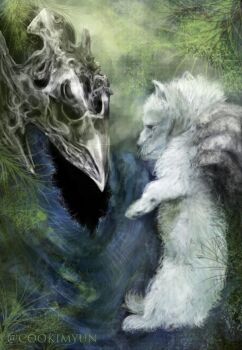 1boy animal armor artorias_the_abysswalker baby_animal brown_background dark_souls_(series) dark_souls_i dog full_armor gauntlets great_grey_wolf_sif hand_up helmet highres holding holding_animal knight liquid_cooki_(cookimyun) puppy wolf