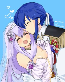 1boy 1girl bare_shoulders blue_hair blush breasts bride brother_and_sister cleavage closed_eyes dress fire_emblem fire_emblem:_genealogy_of_the_holy_war fire_emblem_heroes groom happy implied_incest julia_(bride)_(fire_emblem) julia_(fire_emblem) kiss kissing_forehead long_hair medium_breasts nintendo official_alternate_costume ponytail purple_eyes purple_hair seliph_(fire_emblem) seliph_(light&#039;s_legacy)_(fire_emblem) siblings simple_background wedding_dress yukia_(firstaid0)