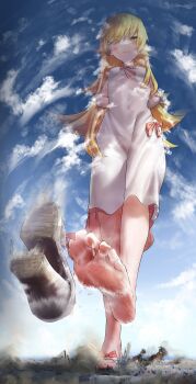absurdres antinomychina arms_behind_back barefoot blonde_hair blue_sky chinese_commentary city commentary dress feet foot_focus giant giantess highres long_hair looking_down monogatari_(series) oshino_shinobu ribbon sky toes vampire white_dress yellow_eyes