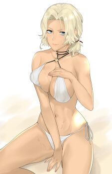 1girl bikini blonde_hair blue_eyes breasts catherine_(fire_emblem) cleavage dark_skin dark-skinned_female female_focus fire_emblem fire_emblem:_three_houses highres j@ck large_breasts looking_at_viewer navel nintendo o-ring side-tie_bikini_bottom sitting smile solo swimsuit wet white_bikini