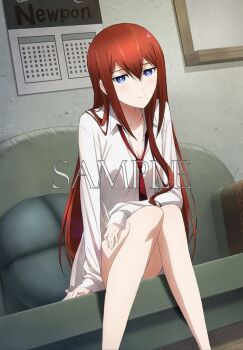 1girl anime_coloring blue_eyes blush breasts brown_hair calendar_(object) cleavage collarbone collared_shirt couch dress_shirt hair_between_eyes inayoshi_tomoshige long_hair long_sleeves looking_at_viewer makise_kurisu megami_magazine necktie no_jacket official_art pillow sample_watermark science_adventure shirt sitting small_breasts smile solo steins;gate steins;gate_0 watermark white_shirt