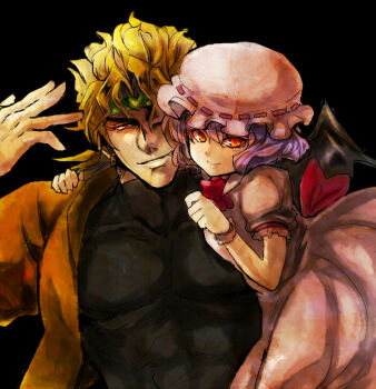 1boy 1girl arm_on_another&#039;s_shoulder ascot bat_wings black_background black_leotard blonde_hair blue_hair crossover dio_brando hat honchu jacket jojo_no_kimyou_na_bouken leaning_on_person leotard looking_at_viewer m.u.g.e.n mob_cap one_eye_covered pink_hat red_ascot red_eyes remilia_scarlet short_hair short_sleeves smile spear_the_gungnir stardust_crusaders touhou wings wrist_cuffs yellow_jacket