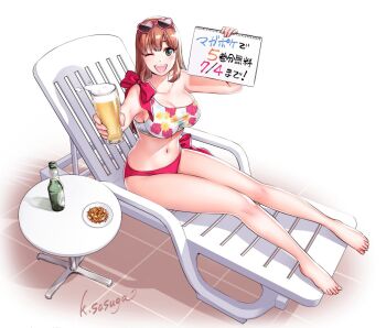 1girl ;d alcohol artist_name barefoot beer beer_bottle bikini brown_hair chair commentary_request cup domestic_na_kanojo drink eyewear_on_head floral_print floral_print_bikini full_body green_eyes heart heart-shaped_eyewear holding holding_cup holding_drink holding_sketchbook long_hair lounge_chair one_eye_closed open_mouth pink_bikini print_bikini sasuga_kei single_strap sitting sketchbook smile solo sunglasses swimsuit table tachibana_hina translation_request