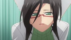 1girl animated anime_screenshot audible_speech black_skirt breasts coat crawling earrings english_audio glasses green_eyes green_sweater hasegawa_chisato highres jewelry lab_coat large_breasts long_hair looking_at_viewer miniskirt open_mouth red_glasses shinmai_maou_no_testament skirt smile sound sweater tagme video white_coat