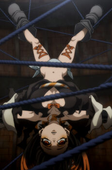 1girl absurdres amo_empool anime_screenshot ascot bdsm black_boots black_hair bondage boots bound bound_ankles breasts corset_piercing detached_sleeves female_focus gachiakuta highres large_breasts long_hair multicolored_ascot multicolored_hair navel no_pants open_mouth orange_ascot orange_eyes orange_hair orange_ribbon panties ribbon rope side-tie_panties solo stitched striped_ascot third-party_edit underwear upside-down white_panties