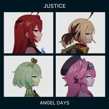 Rule 34 | 4girls, absurdres, ahoge, animal ears, beret, blue eyes, cecilia immergreen, demon days (gorillaz), elizabeth rose bloodflame, food, food in mouth, gevuxx, gigi murin, goggles, goggles on head, gorillaz, green eyes, grey hair, hat, highres, holojustice, hololive, hololive english, multiple girls, panther ears, parody, pink eyes, pink hair, pocky, pocky in mouth, profile, raora panthera, red eyes, red hair, twintails, virtual youtuber, winding key