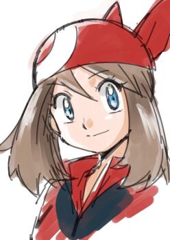 1girl banana bandana blue_eyes brown_hair food fruit hat looking_at_viewer may_(pokemon) nintendo non-web_source pokemon pokemon_rse red_bandana red_shirt shirt short_hair
