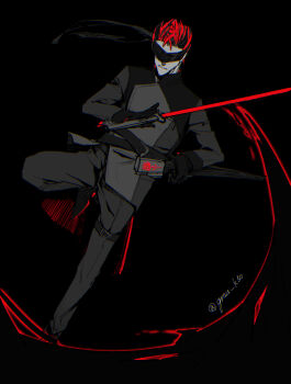 1boy adam_taurus belt black_gloves blindfold boots chokutou gloves glowing glowing_hair glowing_sword glowing_weapon highres holding holding_sword holding_weapon horns katana nerevi red_hair rwby sheath sword weapon wilt_and_blush