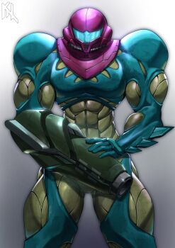 1girl absurdres arm_cannon arm_spikes artist_logo assault_visor blue_visor commentary cowboy_shot english_commentary fusion_suit gradient_background grey_background helmet highres logo looking_at_viewer metroid metroid_fusion nintendo porukima power_suit_(metroid) samus_aran solo standing straight-on weapon