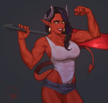 1girl black_background black_hair blue_shorts breasts cleavage colored_skin commentary cowboy_shot demon_girl demon_horns demon_tail dispatch earrings fingernails flexing highres holding holding_behind_back holding_sword holding_sword_behind_back holding_weapon holding_weapon_behind_back hong_doo horns jewelry large_breasts leotard long_hair looking_at_viewer malevola_(dispatch) muscular muscular_female pointy_ears red_skin short_shorts shorts simple_background smile solid_eyes solo sword symbol-only_commentary tail weapon white_leotard yellow_eyes