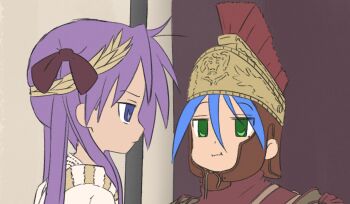 2girls :i blue_eyes blue_hair brown_ribbon commentary english_commentary expressionless green_eyes hair_between_eyes hair_ribbon highres hiiragi_kagami izumi_konata long_hair looking_at_viewer looking_away lucky_star mole mole_under_eye monty_python monty_python&#039;s_life_of_brian multiple_girls parody pout purple_hair ribbon scene_reference upper_body zlix0n