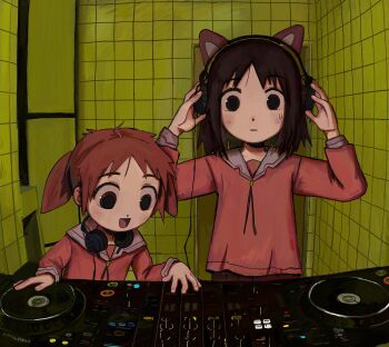 2girls :d absurdres animal_ear_headphones animal_ears azumanga_daioh&#039;s_school_uniform azumanga_daiou berlin brown_eyes brown_hair cat_ear_headphones cat_ears dj fake_animal_ears fffkorobka headphones highres kasuga_ayumu mihama_chiyo multiple_girls open_mouth orange_hair pink_serafuku pink_shirt school_uniform serafuku shirt short_twintails smile sweatdrop twintails