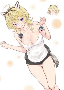 2girls absurdres ahoge animal_ears black_shorts blonde_hair blue_eyes breasts cleavage curled_fingers feet_out_of_frame highres kantai_collection large_breasts minneapolis_(kancolle) multiple_girls sakurai_nana_(moshichi) short_hair shorts solo_focus tail tank_top thigh_gap tuscaloosa_(kancolle) white_background white_tank_top wolf_ears wolf_head wolf_tail